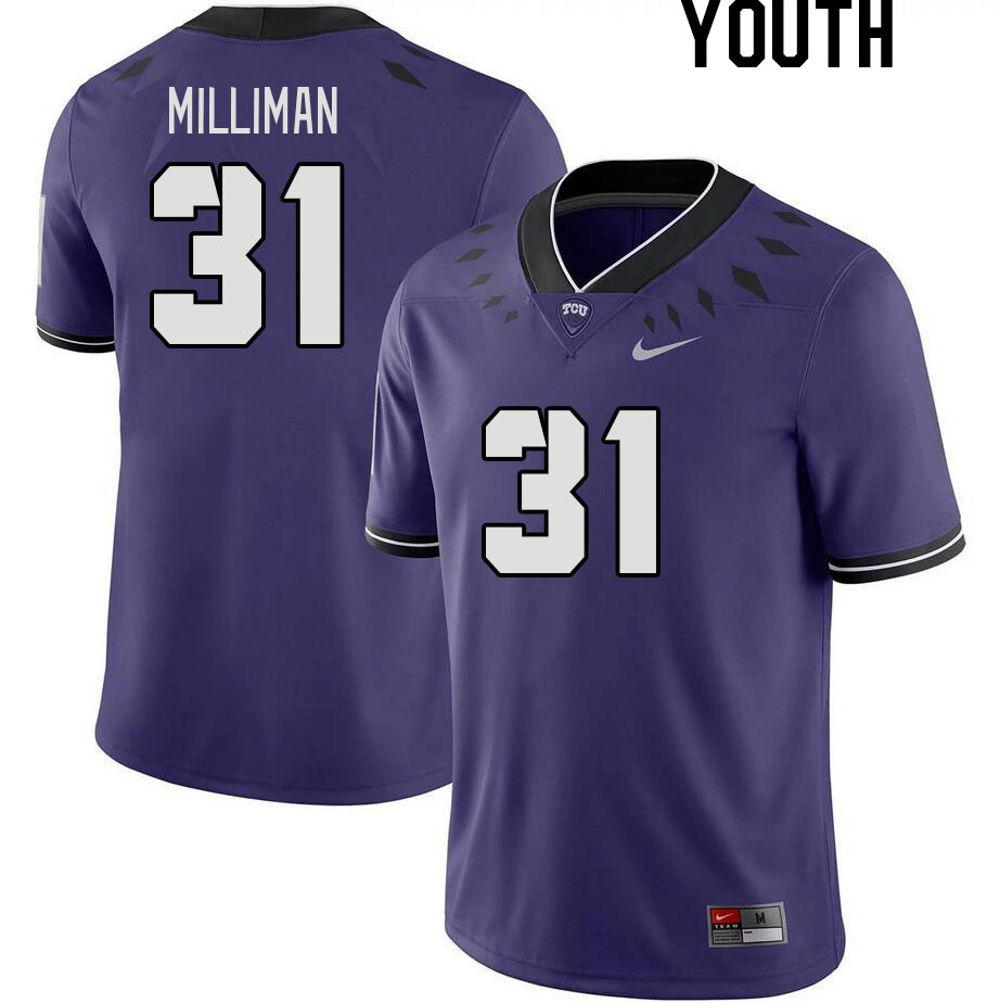 Youth #31 Jake Milliman TCU Horned Frogs 2023 College Footbal Jerseys Stitched-Purple - Click Image to Close